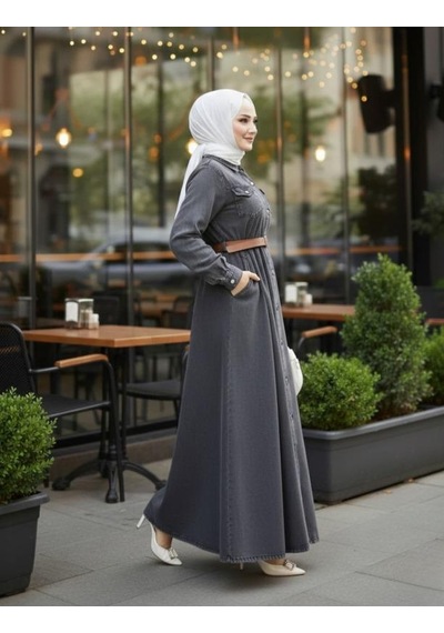 Hb Harma Time Butik Kadın Düğmeli Kemerli Denim Kot Siyah Elbise