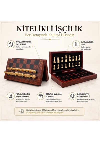 Kişiye Özel İsimli Lüks Ahşap Manyetik Satranç Takımı 30 Cm Katlanır Özel Yuvalı Premium Oyun Seti