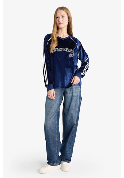Defacto Oversize Geniş Kalıp V Yaka Baskılı Kadife Sweatshirt G3728ax25wnnv58 Lacivert-nv58