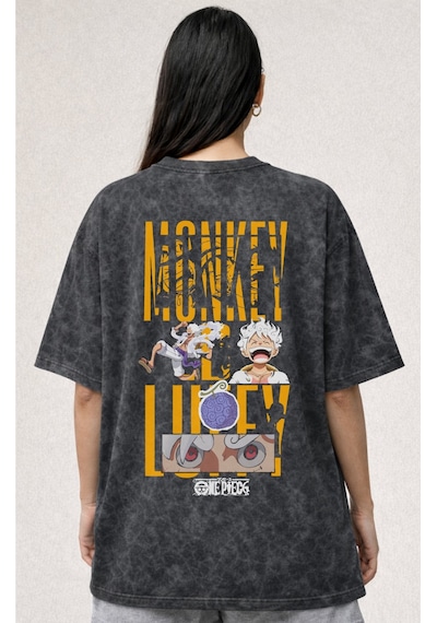 Sevbano Tasarım Monkey D. Luffy One Piece Anime Baskılı Unisex Oversize V Siyah