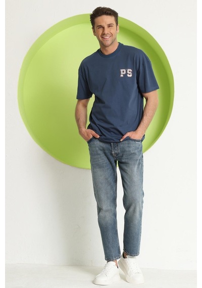 Erkek Ps Baskılı Oversize T-shirt Petrol
