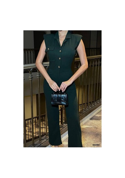 DefyModa Kadın Krep Kumaş Kısa Kollu Tulum Haki