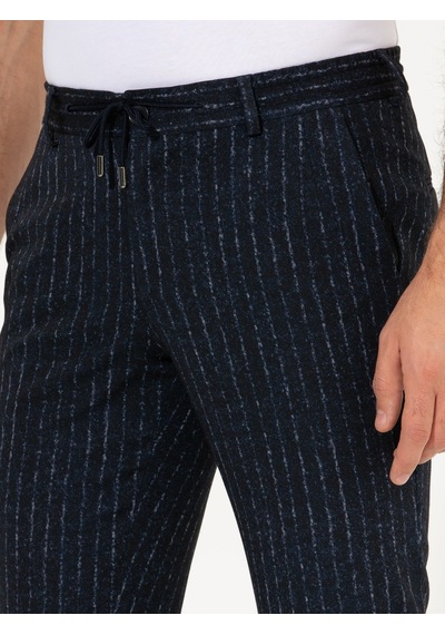 Cacharel Lacivert Ex. Slim Fit Beli Bağcıklı Çizgili Kumaş Pantolon