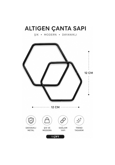 Vollen Yarn Altıgen Metal Çanta Sapı 12 Cm 1 Çift 2 Adet Geometrik Çanta Kulpu El Yapımı Çanta Aksesuarı Siyah