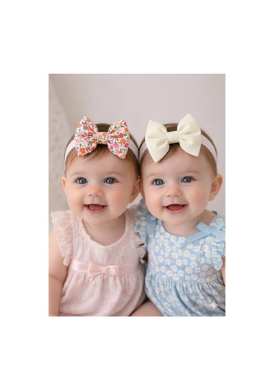 Pamuk Kız Bebek Fiyonk Bandana 2'li Set Ekru - Çiçek Desen Ekru - Çiçek Desen