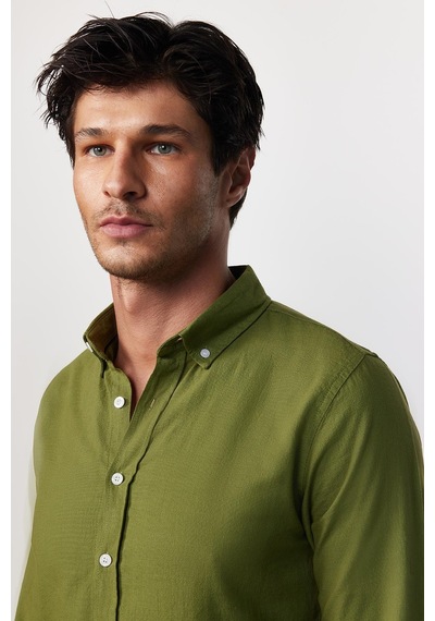 Tudors Slim Fit Uzun Kollu Biyeli Yaka Düğmeli Keten Haki Erkek Gömlek-28743-haki Haki