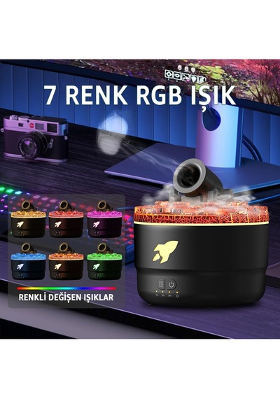 Volkanik Lav Efektli, Topçu Tasarım, Rgb Değişebilen Renk, Aromaterapi Hava Nemlendirici
