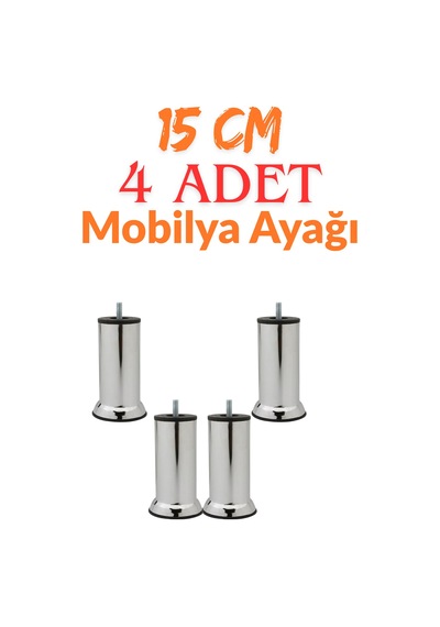 Klc 4 Adet M8 İnce Diş Krom Metal Mobilya Ayağı - Kanepe, Baza, Koltuk Yükseltme Ayağı 15 Cm Gri Gri