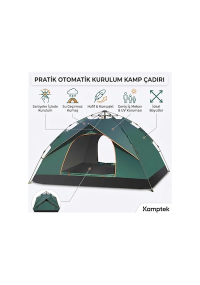 Kamptek Outdoor 4 Kişilik Otomatik Kurulum Kamp Çadırı - Çift Katmanlı, Su Geçirmez, 220x200x140 Cm Yeşil - Renkli