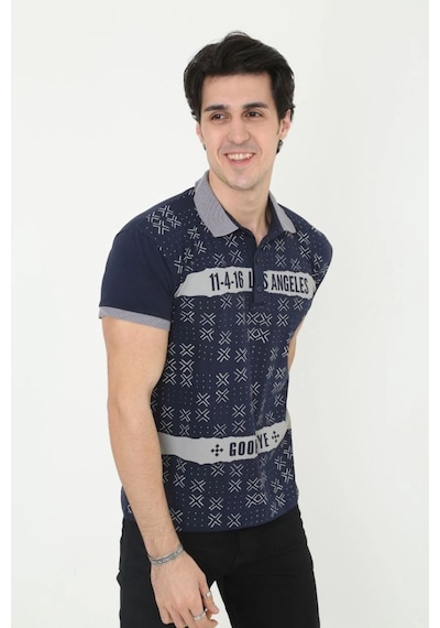 Erkek Polo Yaka Tişört Slim Fit Baskılı Kısa Kol T-shirt - Lacivert
