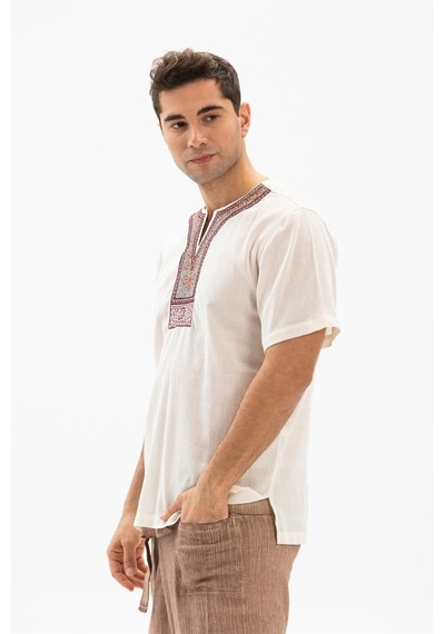 Kısa Kol Şile Bezi Bisiklet Yaka Etnik Erkek T-Shirt Krem Krm