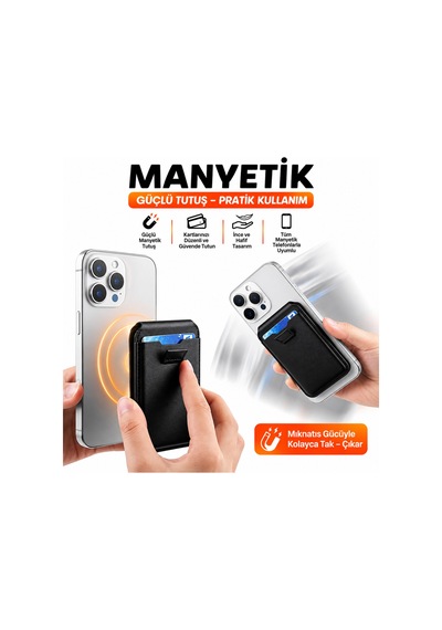 Cüzdan Kartlık Güçlü Manyetik Standlı Telefon Kartlığı İphone Uyumlu Deri Cüzdan Siyah