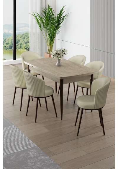 Canisa Asfel Serisi Mdf 77x130 Traverten Yandan Açılabilir Mutfak Masası Takımı 6 Krem Sandalye Traverten Masa Krem Sandalye Canisa Asfel Serisi Mdf 77x130 Traverten Yandan Açılabilir Mutfak Masası Takımı 6 Krem Sandalye Traverten Masa Krem Sandalye