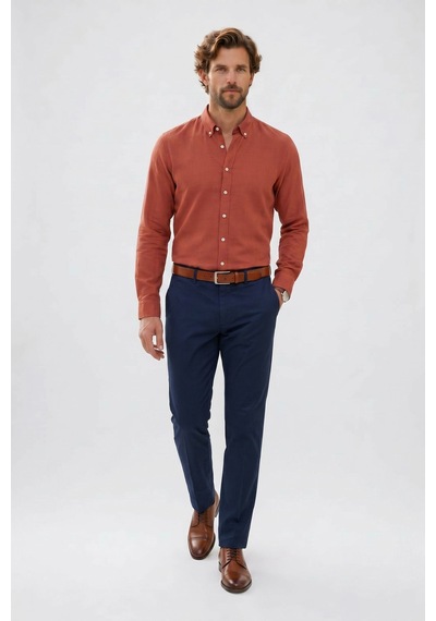 Tudors Erkek Slim Fit Dar Kesim %100 Pamuk Düğmeli Yaka Flam Keten Turuncu Gömlek-50275