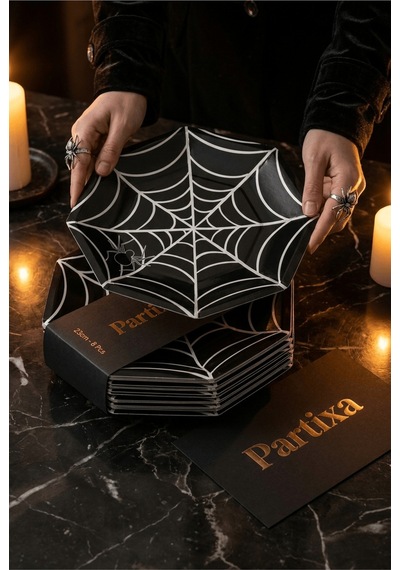 Cadılar Bayramı Örümcek Ağı Siyah Sekizgen Kağıt Tabak 23 Cm 8'li Paket - Halloween Parti Tabağı Çok Renkli