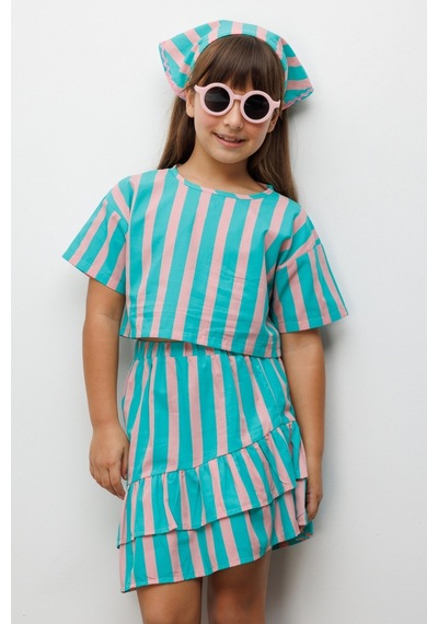 Le Mabelle Mint Çizgili Kız Çocuk Crop Etek İkili Takım - Cora Mint