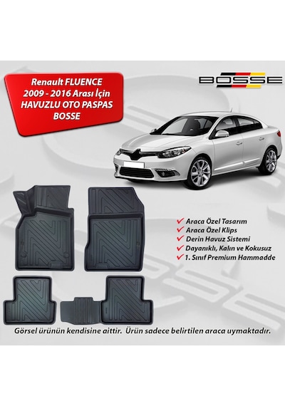 Renault Fluence Paspas Araca Özel 2009 2016 BOSSE 3D Havuzlu Oto Paspas