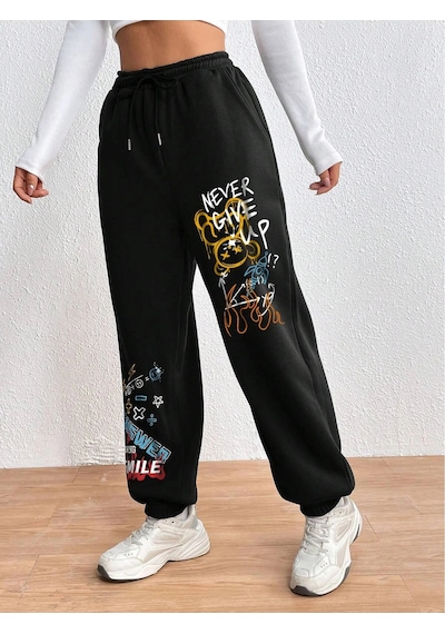 Cartoon & Graphic Drawstring Waist 4 Mevsim Eşofman Siyah