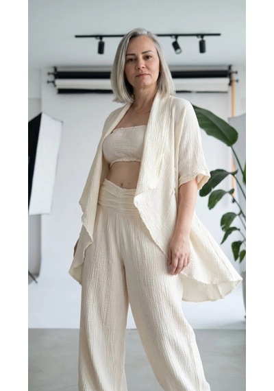 Byemelika %100 Pamuk, Bürümcük, Lastik Detay, Bohem Lidya Kaftan Bej