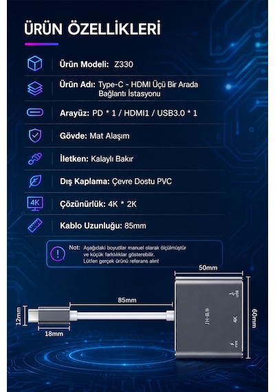 Type-c Hdmı Usb 3.0 Pd Hub Adaptör, 3ü 1 Arada Çoklayıcı, 4k Görüntü Aktarımı, 65w Pd Hızlı Şarj, Macbook Laptop Telefon Uyumlu, Alüminyum Gövde Z330