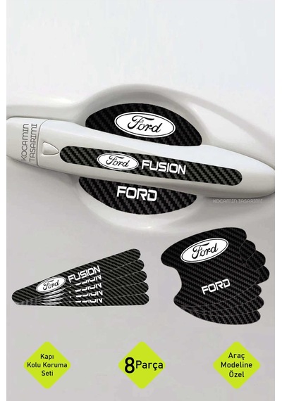 Dekoratif Ford Fusion Karbon Kapı Kolu Koruma Seti Şık Beyaz Yazılı 8 Parça Koruyucu Folyo