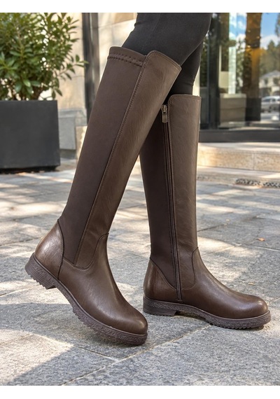 Asmi Shoes Kadın London Kahverengi Dalgıç Kumaş Dizaltı Çizme