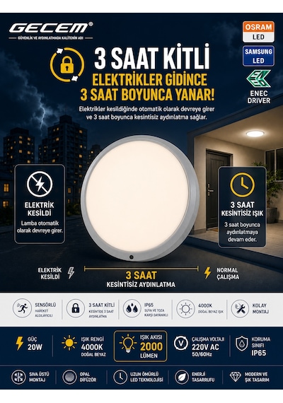 Gecem 20w Sensörlü Led Armatür 4000k Doğal Beyaz Ip65 Acil Aydınlatma Özellikli Ilık Beyaz