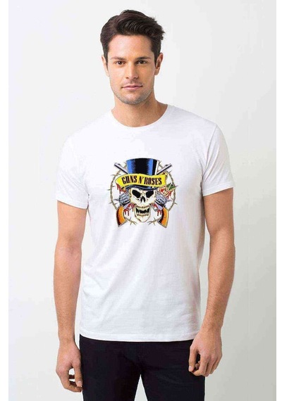 Guns'N Roses Kuru Kafa Silah Gül Baskılı Beyaz Erkek Tshirt