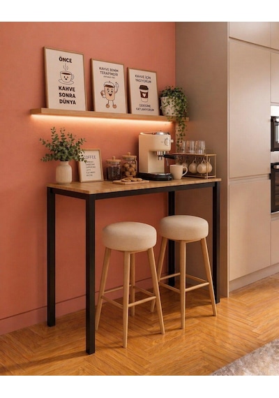 Meşe Siyah Bar Masası 116x45x92cm Mutfak Masası, Kahve Köşesi Ve Çok Amaçlı Kullanım