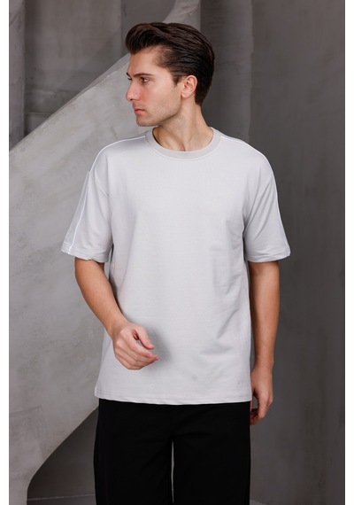 Erkek Şeritli Oversize Bisiklet Yaka 2 İki İplik Kompakt T-shirt Ekru