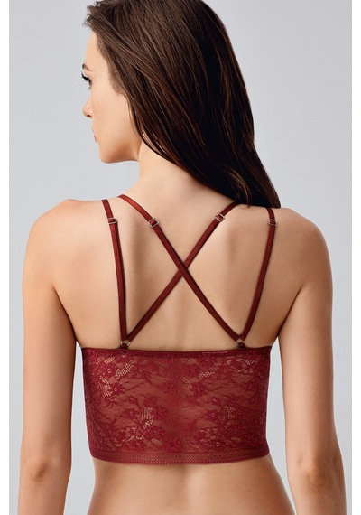 New Bra Çiçek Motifli Uzun Dantel Crop Bralet Bordo 8329