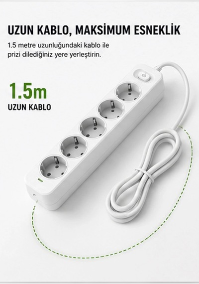 Akım Korumalı 5 Li Çoklu Priz 2500w Güçlü Uzun Kablolu Güvenli Kullanım 2 M