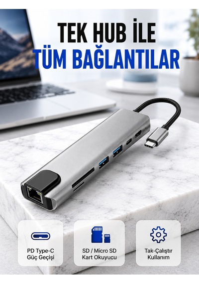 Alüminyum Gövdeli Type C Hdmı & Ethernet Adaptör Tak & Çalıştır - Lisinya St