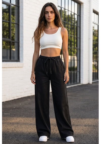 Soulshae Yüksek Bel Beli Lastikli Denim Pantolon Siyah