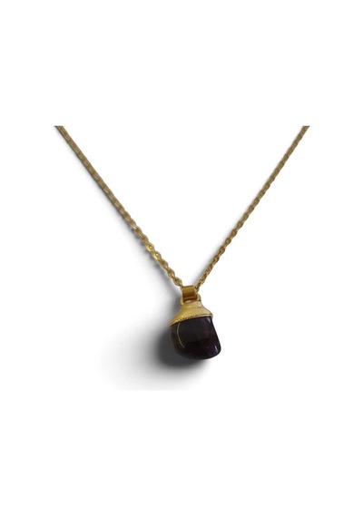 Doğal Ametist Taşlı Gold Başlıklı Çelik Zincirli Kolye Mor