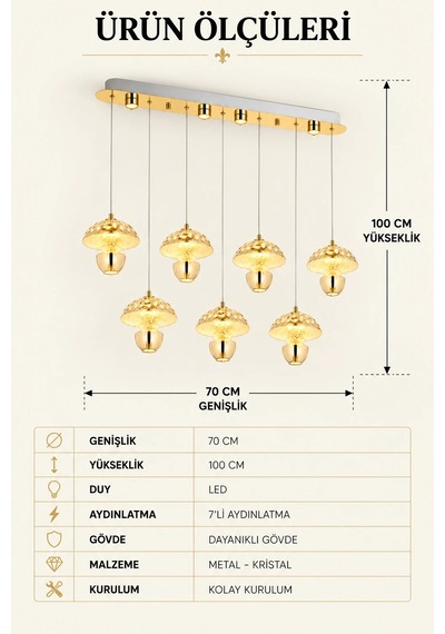 Modern Premium Gold 7'li 3 Renkli Ledli Sarkıt Avizesi Uzun Mutfak Yemek Masası Üstü Modelleri 30w