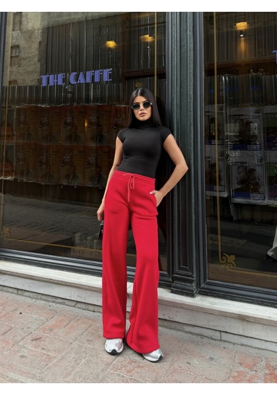Out Of Standart Kadın Wide-leg Kalıp Beli Lastikli Kordon Detaylı Eşofman Altı Kırmızı