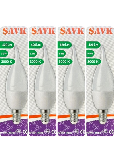 4 Adet Şavk 5,5w 37w Sarı Işık 3000k E14 Duylu İnce Duy Led Kıvrık Ampul