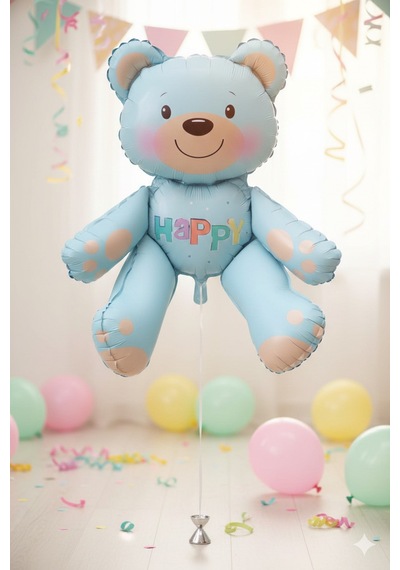 51x54 Cm Oturan Ayı Mavi Folyo Balon - Doğum Günü Parti Dekorasyon Balonu Çok Renkli