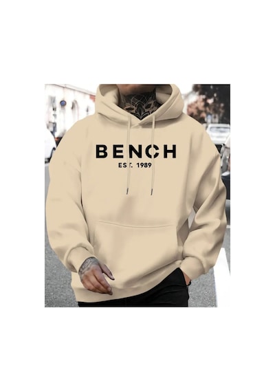 Herkesemoda Bench Yazı Detaylı İçi Polarlı Kapüşonlu Sweatshirt Bej