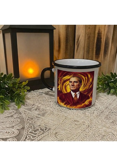 Kişiye Özel Sarı Kırmızı Renk Tasarımlı Atatürk Portre Temalı Enamel Kupa Bardak Sarı - Kırmızı