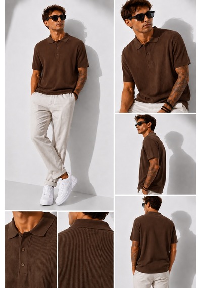 Ribana Erkek Kısa Kollu Fitilli Yarım Düğme Kapama Polo Yaka T-shirt 26001 Kahverengi