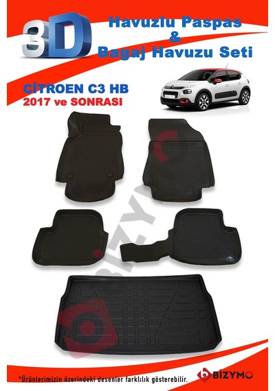 Citroen C3 Hb 2017 Ve Sonrası Paspas Ve Bagaj Havuzu Seti Siyah