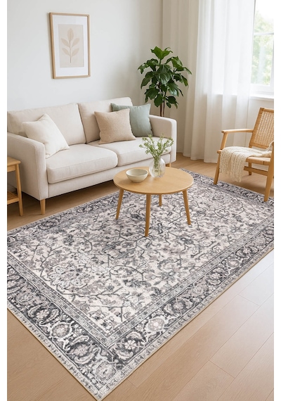 Stonart Eskitme Vintage Desenli Bej/gri Otantik Yıkanabilir Şönil Halı Al 458 Bej