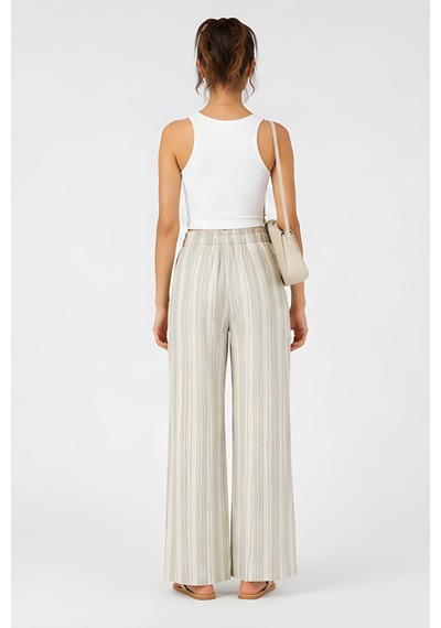 Lili Woman Kadın Yüksek Bel Çizgili Keten Karışımlı Relax Fit Pantolon E.kp01 Ekru