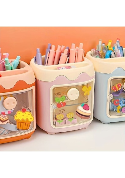 Sevimli Masaüstü Kalemlik Kawaii Kapaklı Mini Dolaplı Kalemlik - Turuncu Turuncu