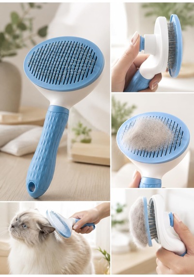 Otomatik Temizlenen Tüy Toplama Tarağı Basmalı Mekanizmalı Kedi Köpek Tarağı Çelik İğneli Cilt Dostu Ergonomik Saplı Uzun Ve Kısa Tüyler İçin Mavi