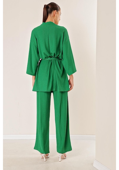 By Saygı Bürümcük Pantolonu Cepli Kimono Takım-34051 Yeşil