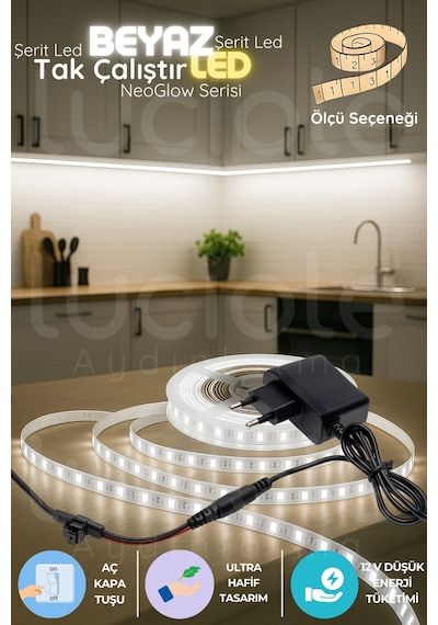 3 Metre Neoglow Led Şerit Seti 12v Tak Çalıştır Fişli 60 Çipli Beyaz Işık Bandı Aydınlatma