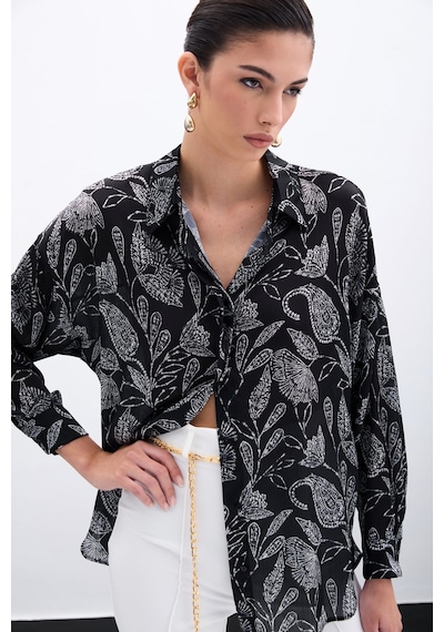 Sateen Desenli Saten Gömlek - Siyah-135960 Siyah
